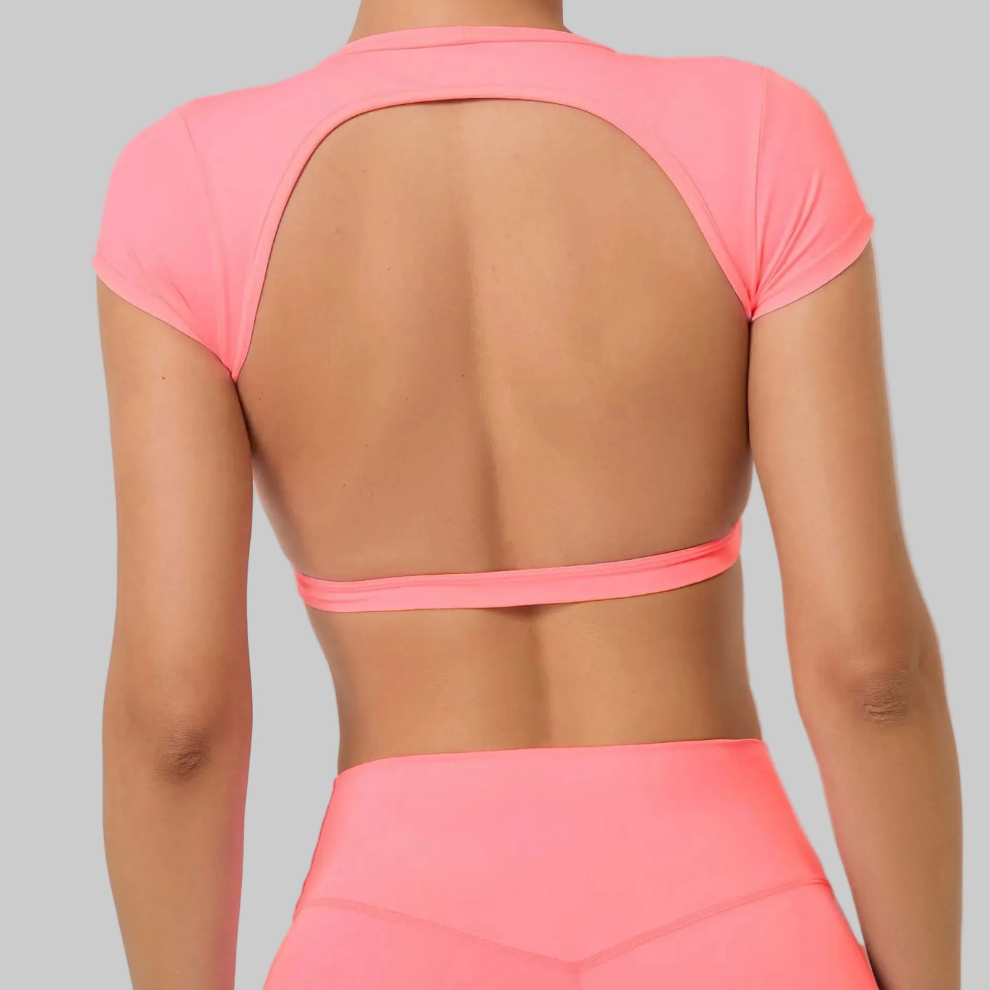 No. 5 Sports Bra, Backless Crop Top, Cupped Sleeves, Open Back, Faux Shirt