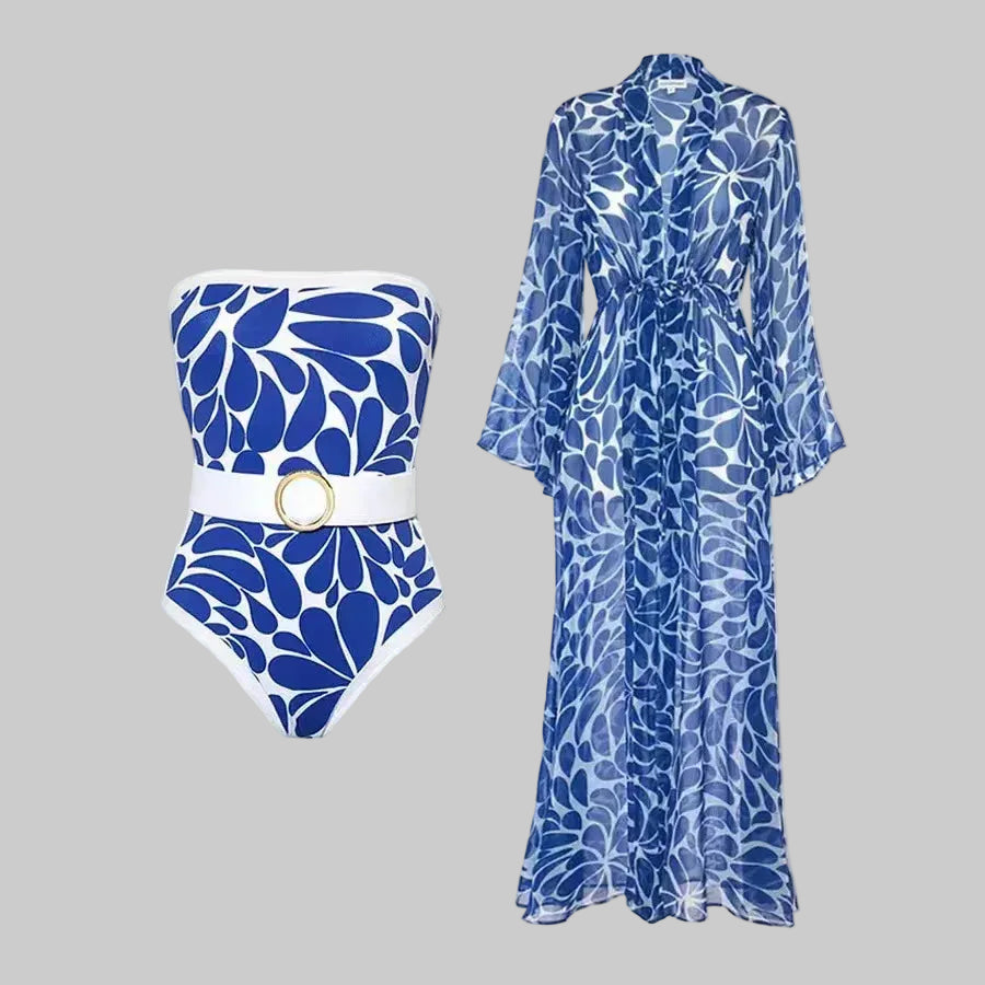 No. 4 Swimsuit, The Bloom Bandeau 1 PC, Waist Accentuating Belt, Includes Intentionally Sheer Maxi Cover With Bell Sleeves, Tie Waist, And Open Front Design