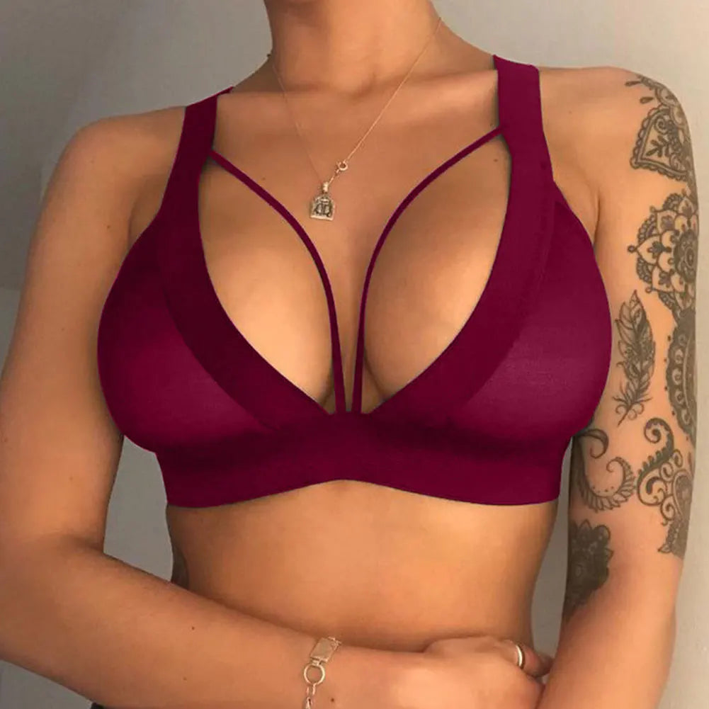 No. 6 Lingerie Bra, Seamless, Deep V Lace Bralette, Caged Neckline, No Underwire