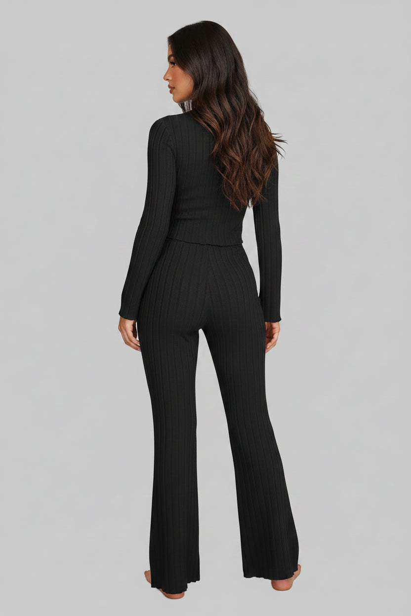 No. 8 Sleepwear Set, Long Sleeve, Ribbed, Lettuce Detailing, Matching Ribbed Flare Pant, Cozy
