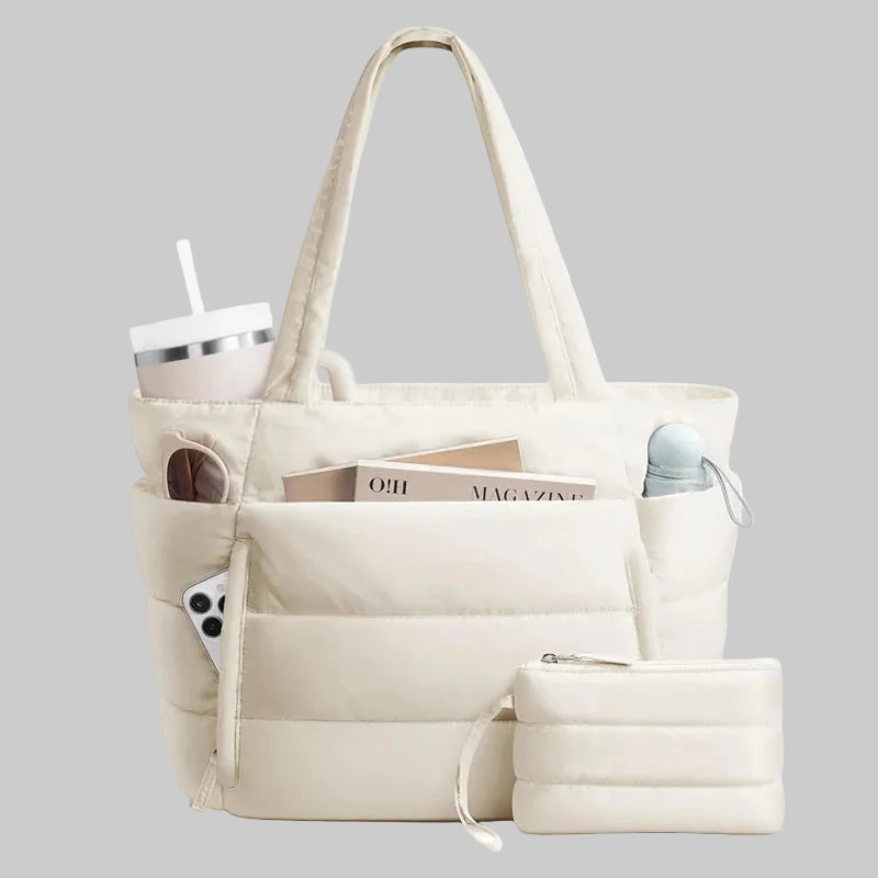 No. 4 Tote, Cloud Carry Quilted Tote, Soft Puffer-Style, Luggage Sleeve, Matching Pouch Included