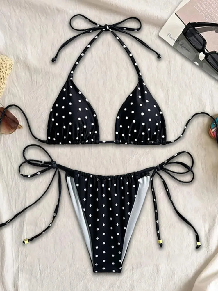 No. 6 Swimsuit, 2 PC, Beaded Triangle String Bikini Set, Adjustable Halter Neck Ties, Side Tie Bikini Bottoms