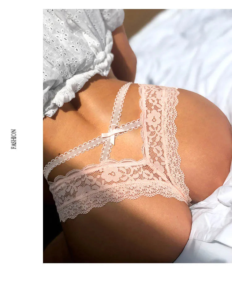 No. 2 Lingerie Panty, Lace and Mesh, High Cut, Low Rise, Thong With Criss Cross Back