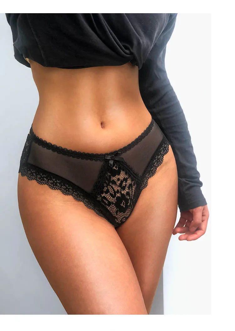 No. 2 Lingerie Panty, Lace and Mesh, High Cut, Low Rise, Thong With Criss Cross Back