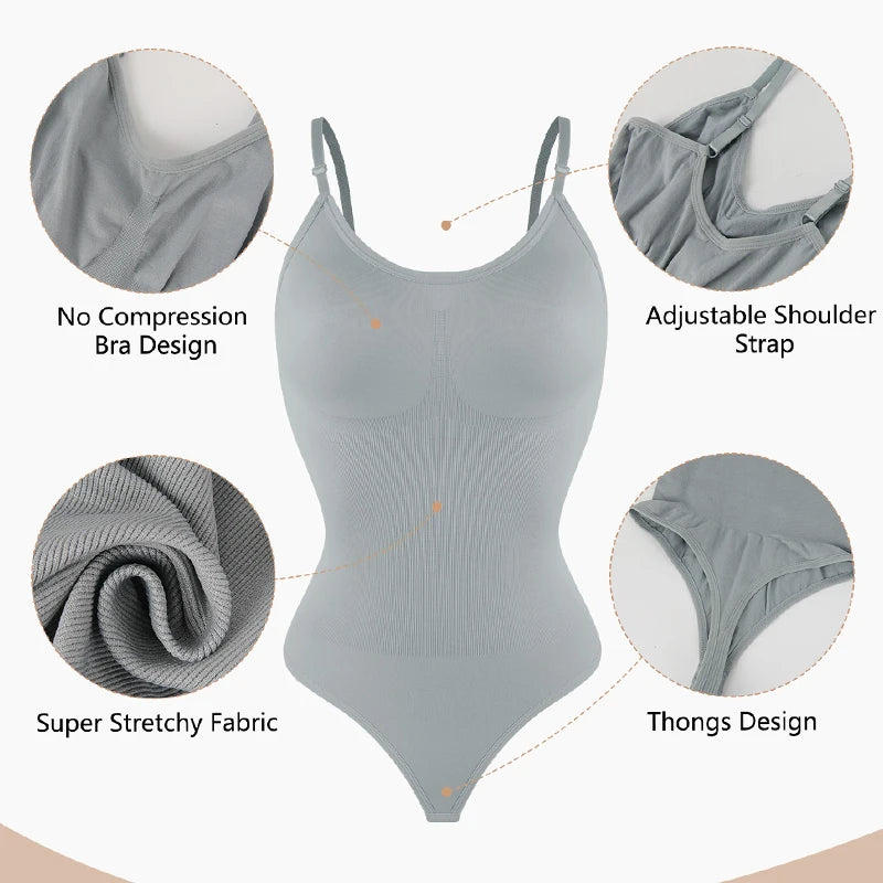No. 7 Shape Wear, Smoothing Full Bodysuit, Thong Panty, No Bra Compression, Adjustable Straps