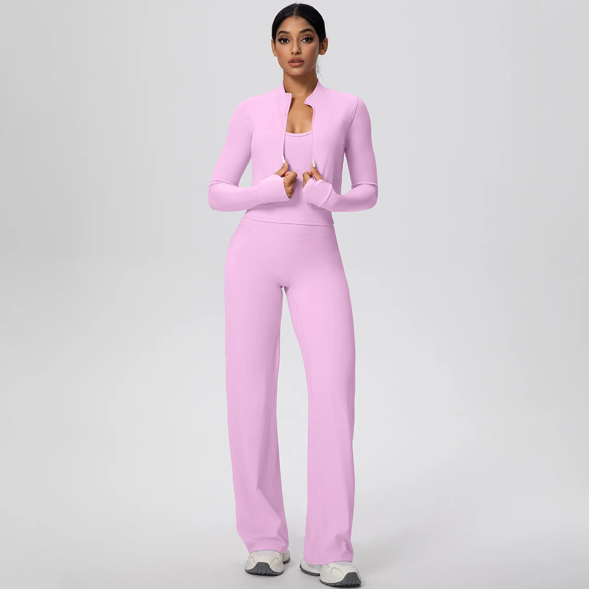 No. 1 Matching Set, 3 PC Full Zip Jacket, Halter Tank, and Wide Leg Pant