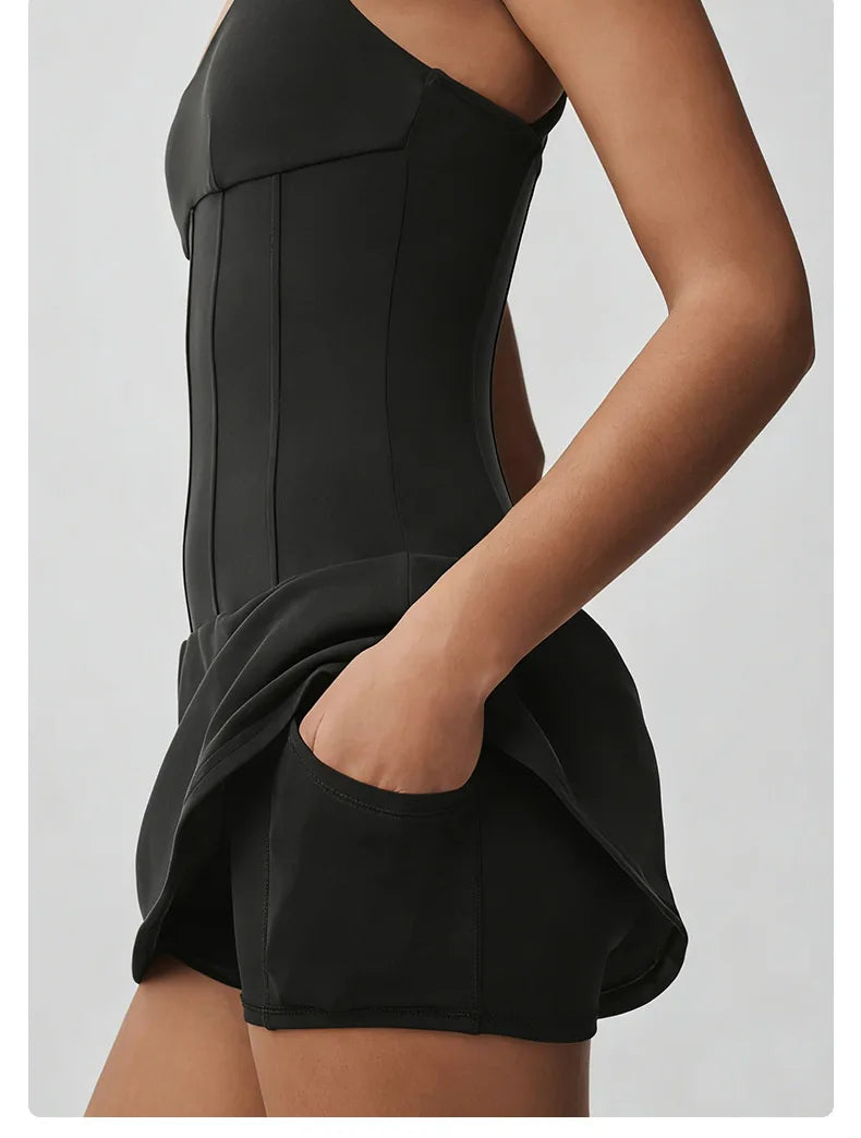 No. 8 Dress, Corset Waist Tennis Dress, Criss Cross Back, Under Shorts, Dry Fit