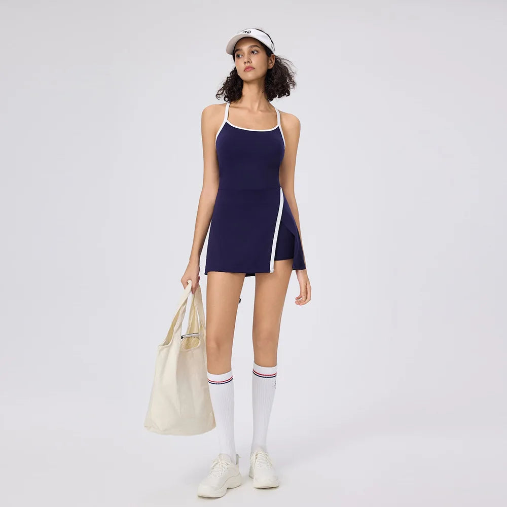 No. 7 Dress, Racerback, Back Cutout, Split Skirt With Faux Wrap, Under Shorts, Golf, Tennis