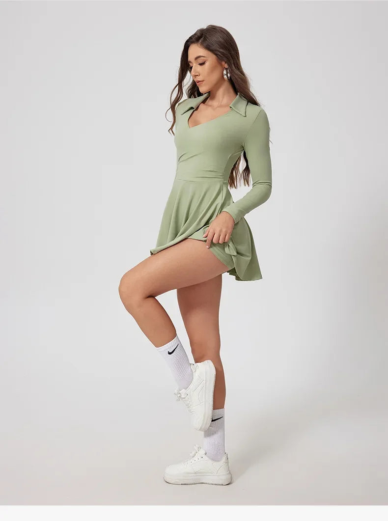 No. 5 Dress, Collared, V-Neck, Long Sleeve, Free Flowing Skirt With Shorts, Golf, Tennis