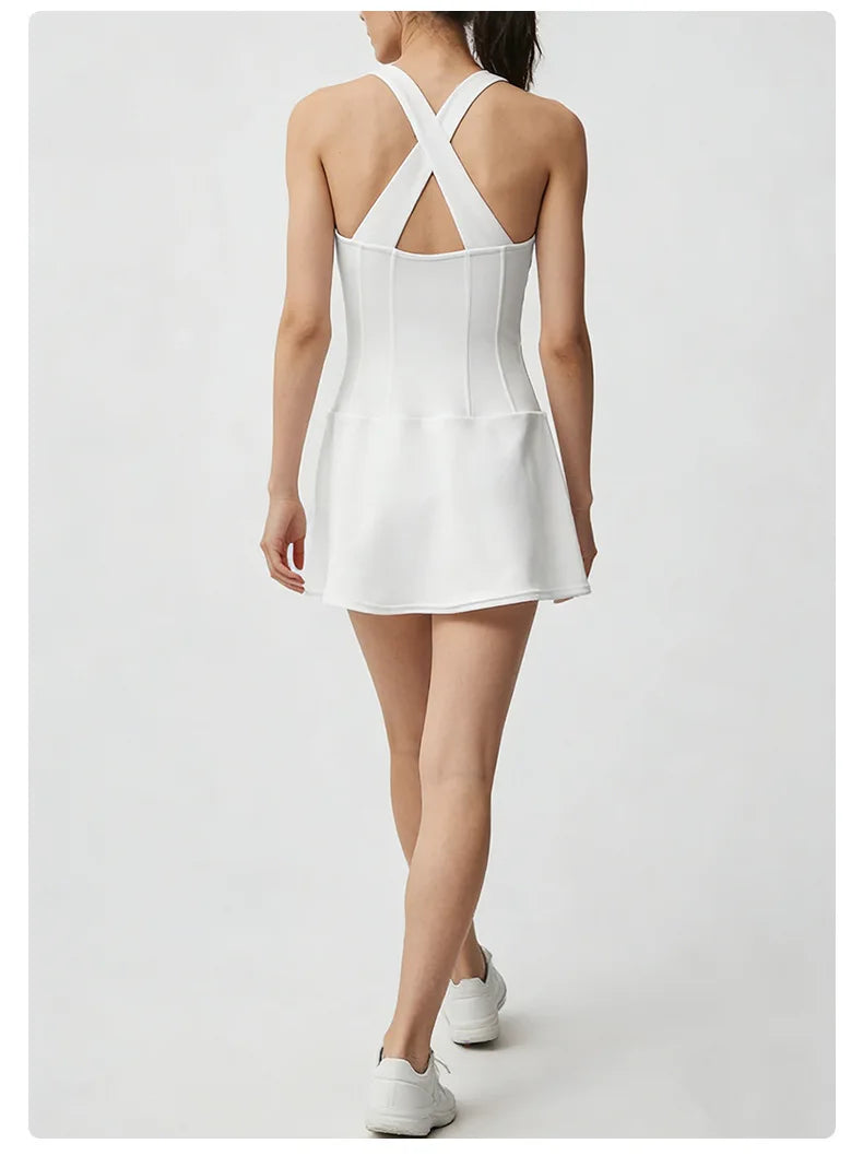 No. 8 Dress, Corset Waist Tennis Dress, Criss Cross Back, Under Shorts, Dry Fit
