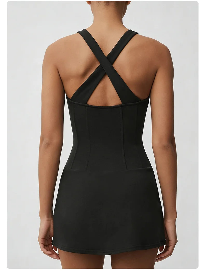 No. 8 Dress, Corset Waist Tennis Dress, Criss Cross Back, Under Shorts, Dry Fit