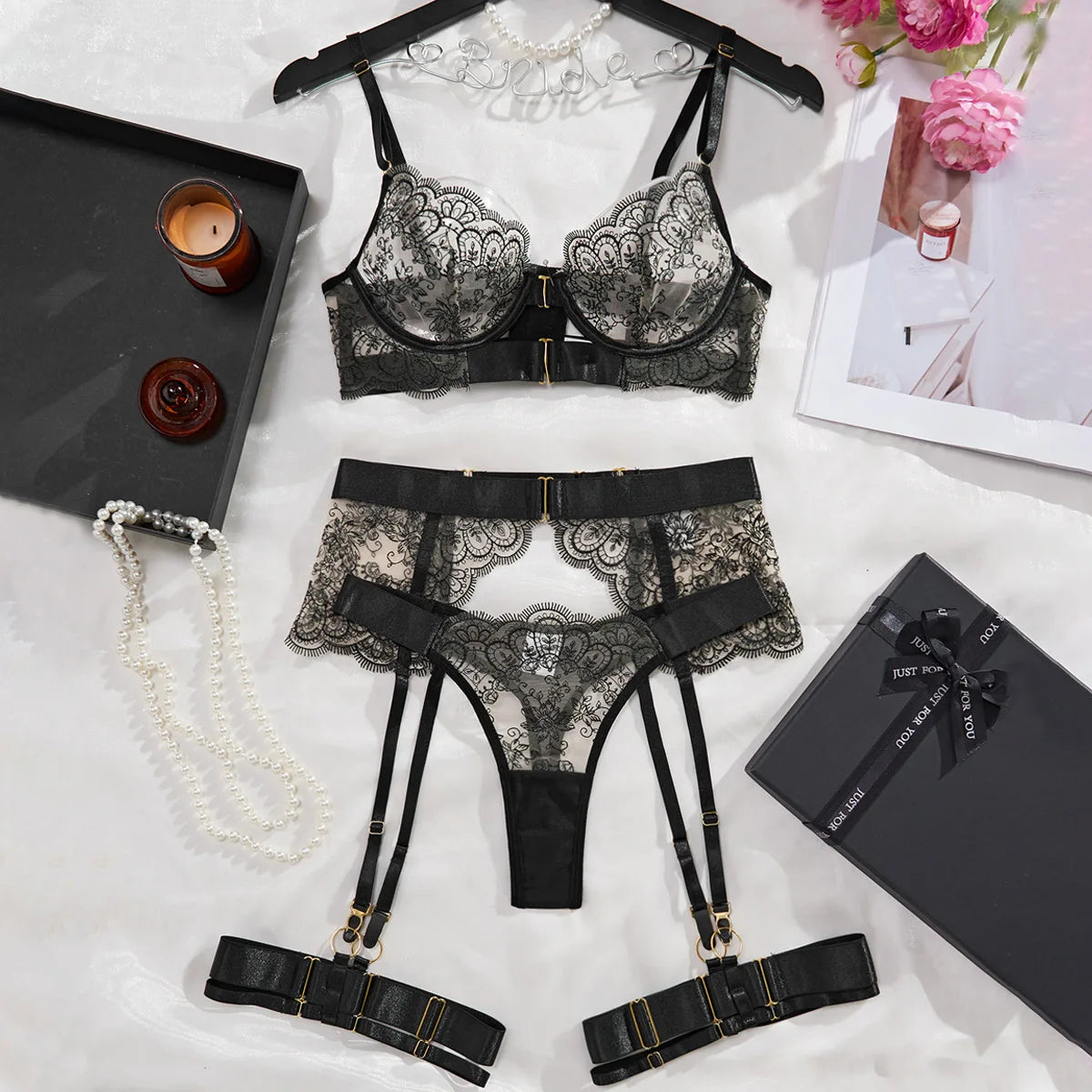 No. 1 Lingerie Set, 4 PC French Lace Scallop Bra, Thong, Garters With Belt