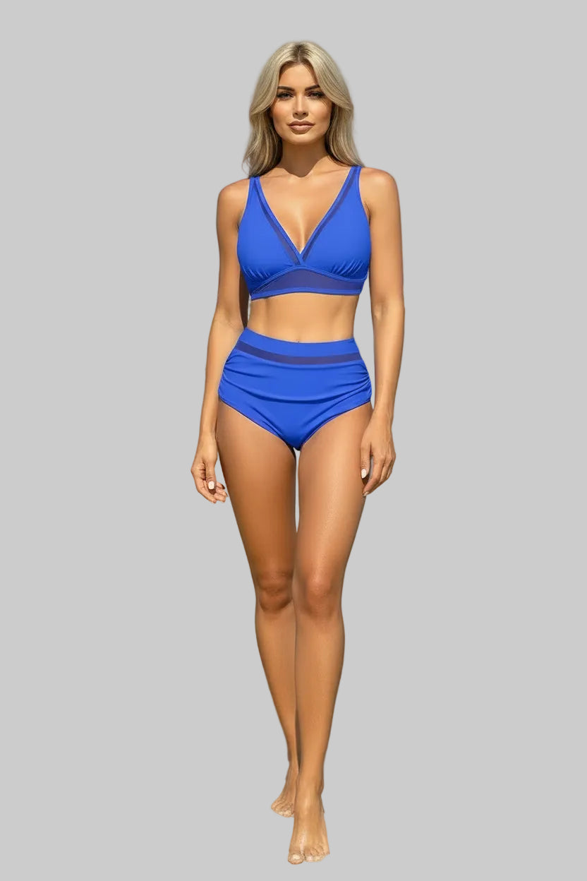 No. 8 Swimsuit, 2-3 PC High Waisted Bikini Set, V- Neck Bralette With Sheer Paneling, Full Coverage Brief, Sheer Mesh Waistband, Extended Sizes Available