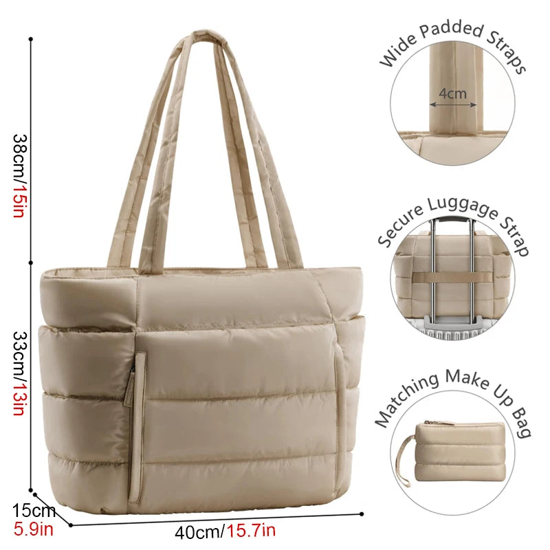 No. 4 Tote, Cloud Carry Quilted Tote, Soft Puffer-Style, Luggage Sleeve, Matching Pouch Included