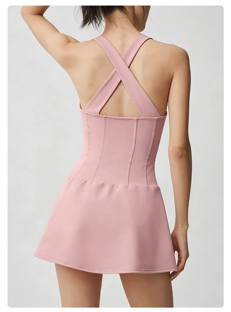 No. 8 Dress, Corset Waist Tennis Dress, Criss Cross Back, Under Shorts, Dry Fit
