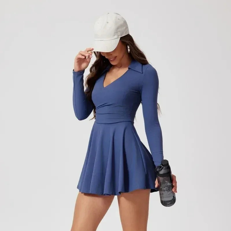No. 5 Dress, Collared, V-Neck, Long Sleeve, Free Flowing Skirt With Shorts, Golf, Tennis