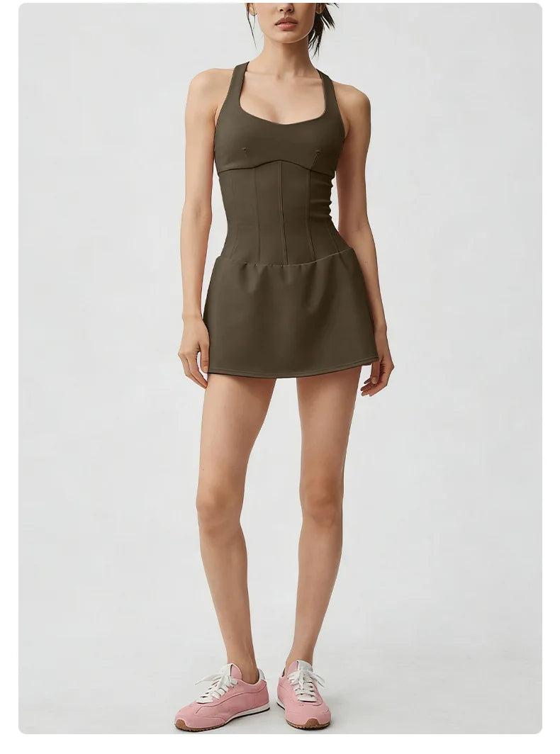 No. 8 Dress, Corset Waist Tennis Dress, Criss Cross Back, Under Shorts, Dry Fit