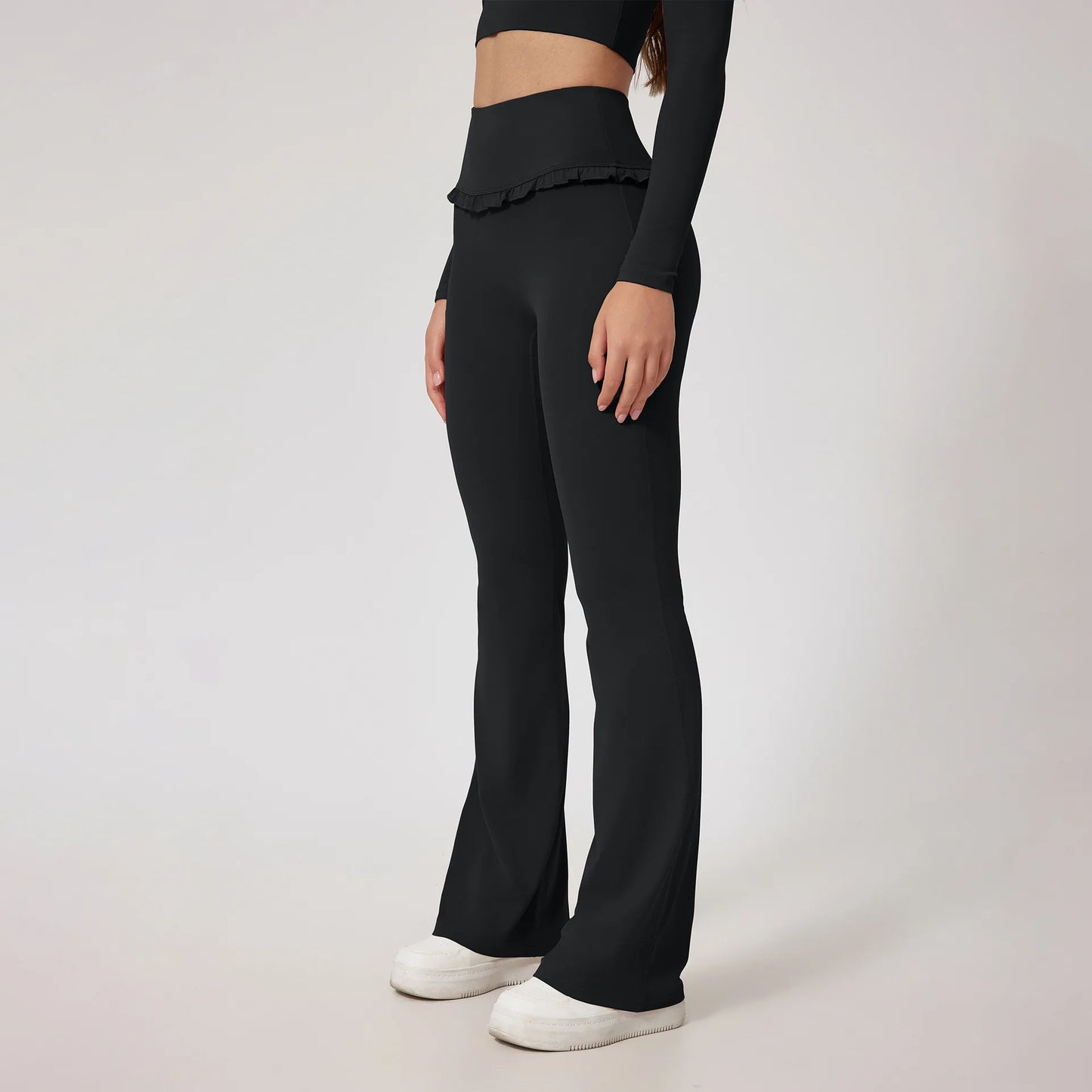 No. 8 Matching Set, Coquette, Ruffle Detailing Along Neckline And Waist, Long Sleeve, Crop Top, Square Neck