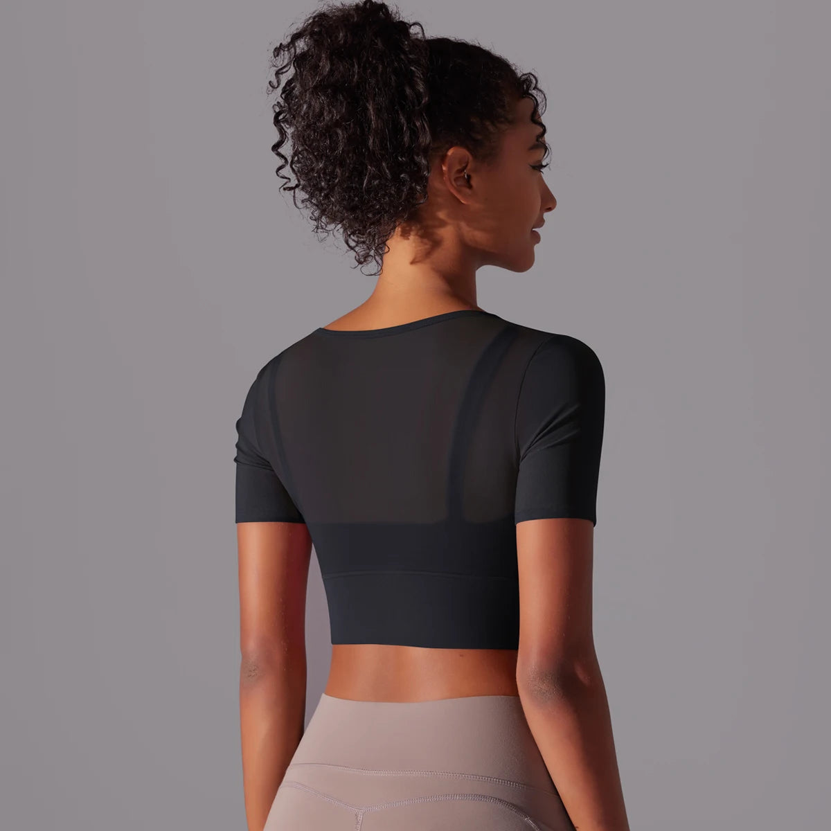 No. 6 Short Sleeve Shirt, 1PC, Peekaboo Neckline, Mesh Back and Chest Detail, Cropped Length