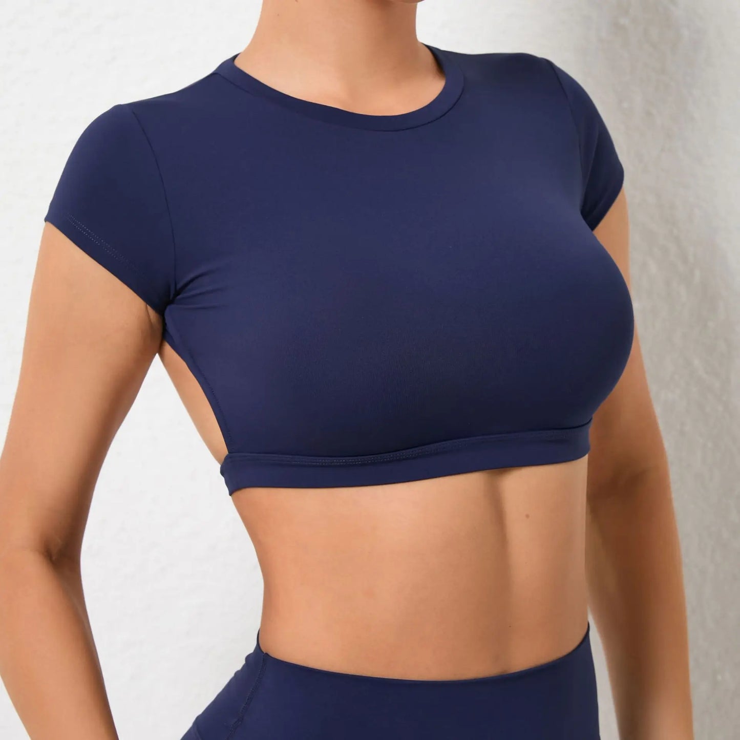 No. 5 Sports Bra, Backless Crop Top, Cupped Sleeves, Open Back, Faux Shirt