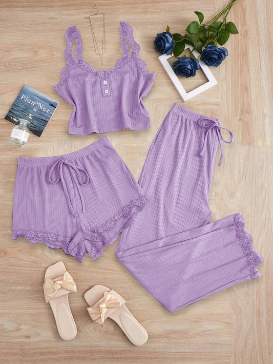 No. 5 Sleepwear Set, 3PC, Scalloped Neckline Tank Top, Ribbed Matching Shorty Short, Matching Scallop Hem Pant, Soft Essential