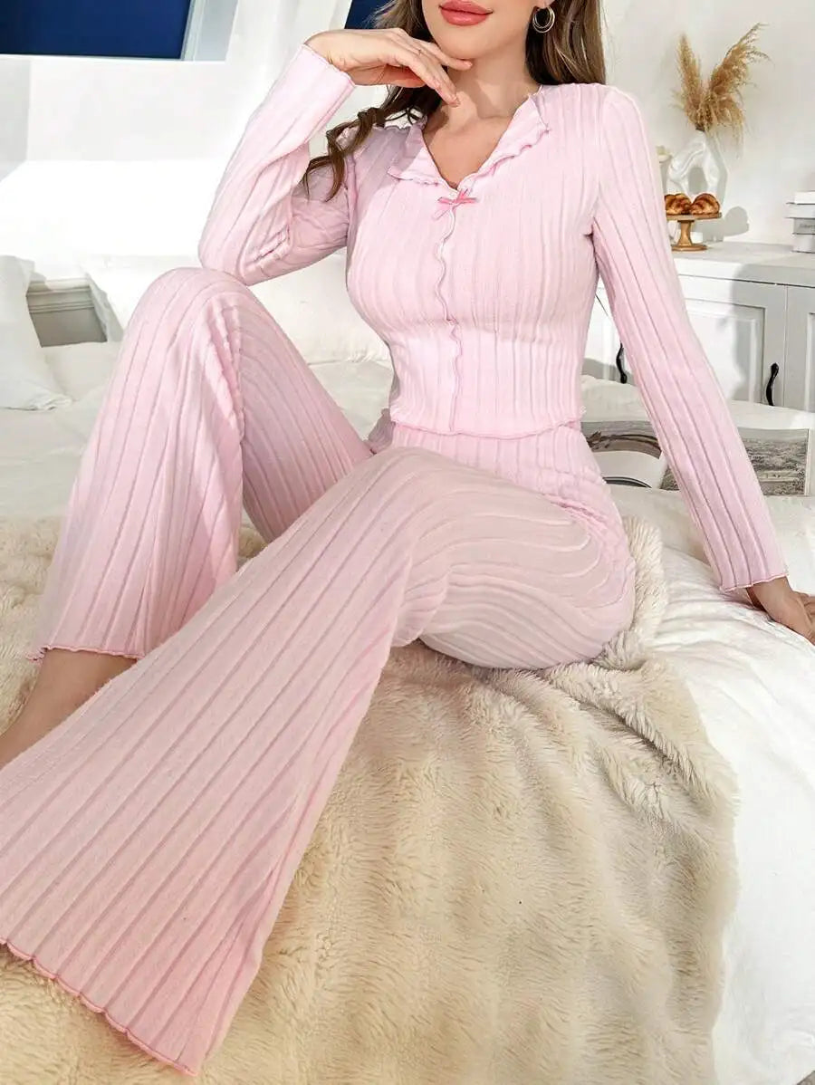 No. 8 Sleepwear Set, Long Sleeve, Ribbed, Lettuce Detailing, Matching Ribbed Flare Pant, Cozy