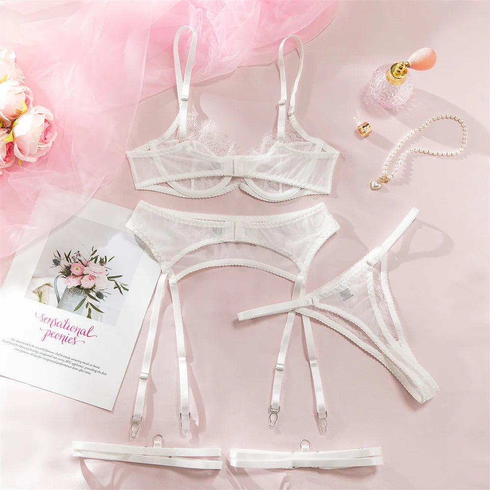 No. 8 Lingerie Set, 4 PC French Lace 3/4 Structured Cup Bra With Garter Belt, Garter, & Thong