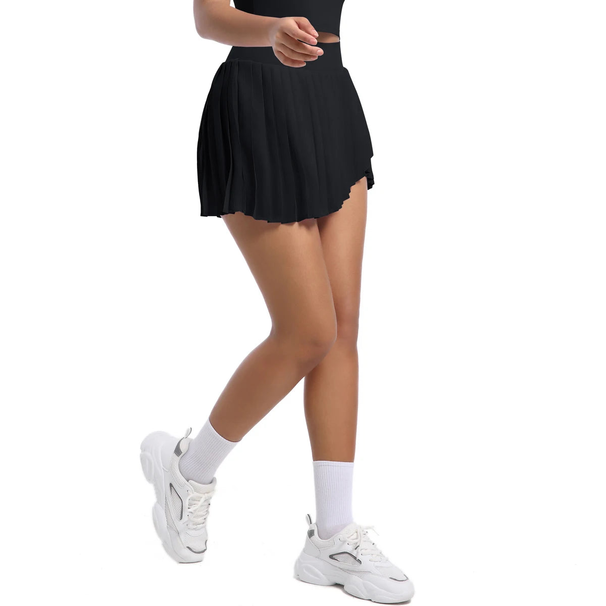 No. 8 Tennis Skirt, Double Layer, Asymmetrical, Pleated, Casual, High Waisted, Under Short