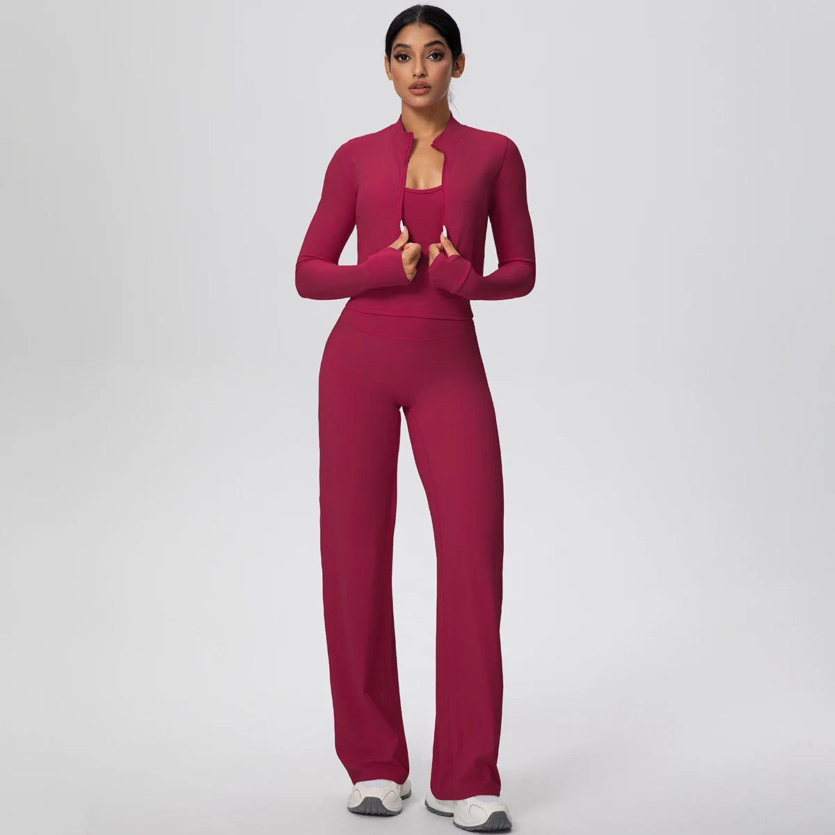 No. 1 Matching Set, 3 PC Full Zip Jacket, Halter Tank, and Wide Leg Pant