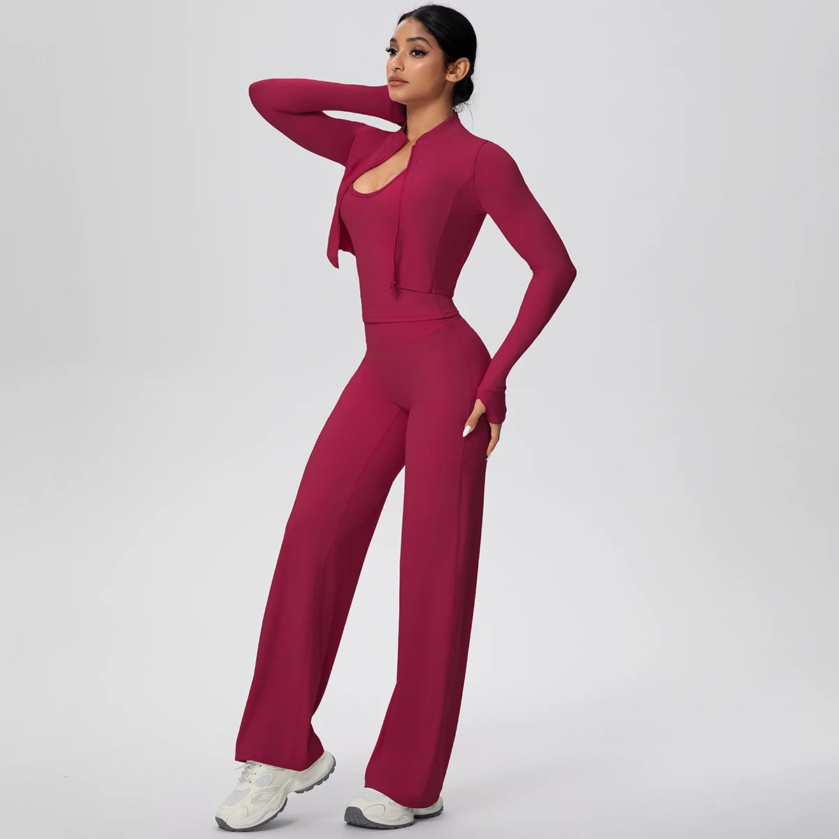 No. 1 Matching Set, 3 PC Full Zip Jacket, Halter Tank, and Wide Leg Pant