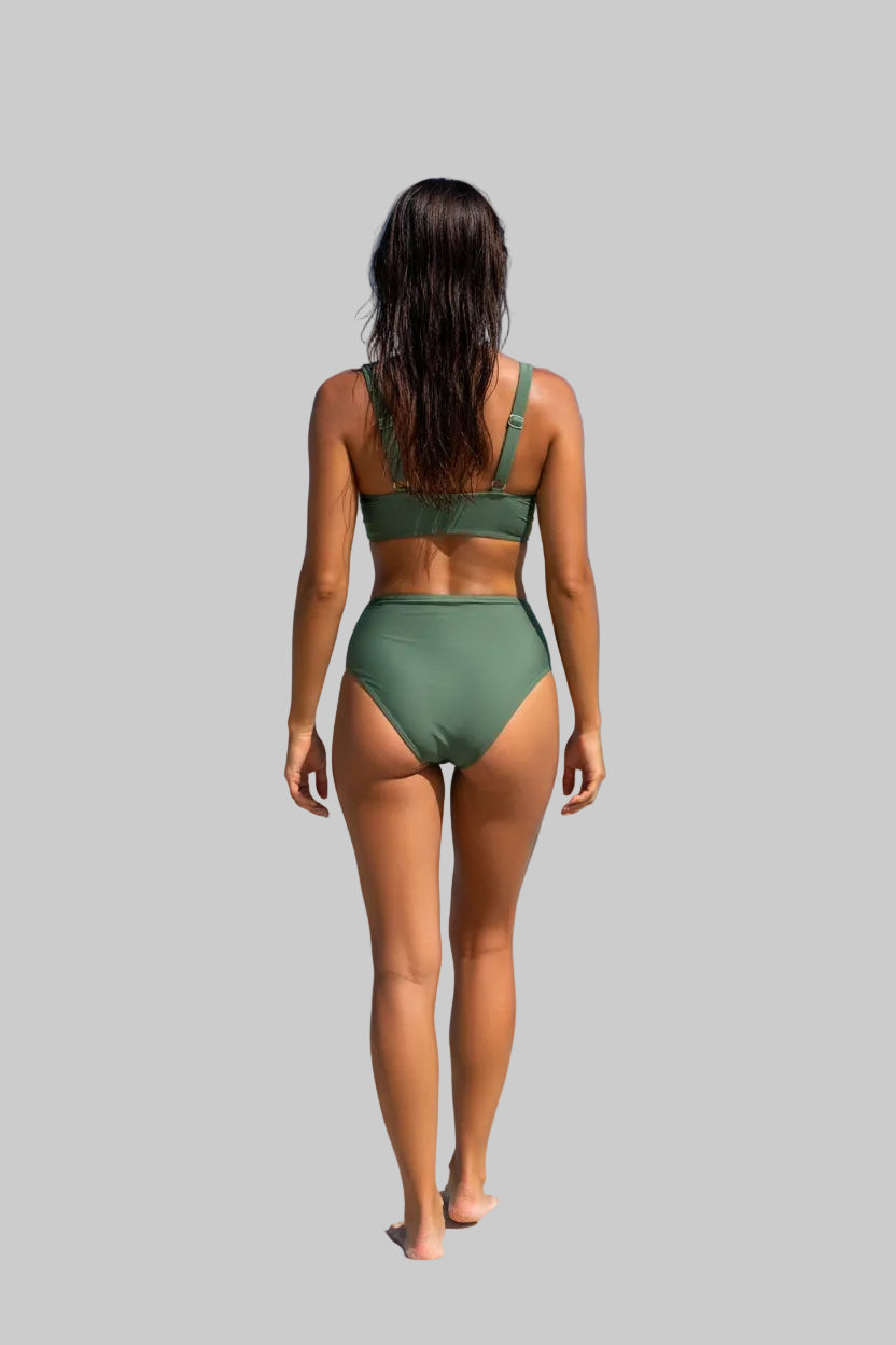 No. 8 Swimsuit, 2-3 PC High Waisted Bikini Set, V- Neck Bralette With Sheer Paneling, Full Coverage Brief, Sheer Mesh Waistband, Extended Sizes Available