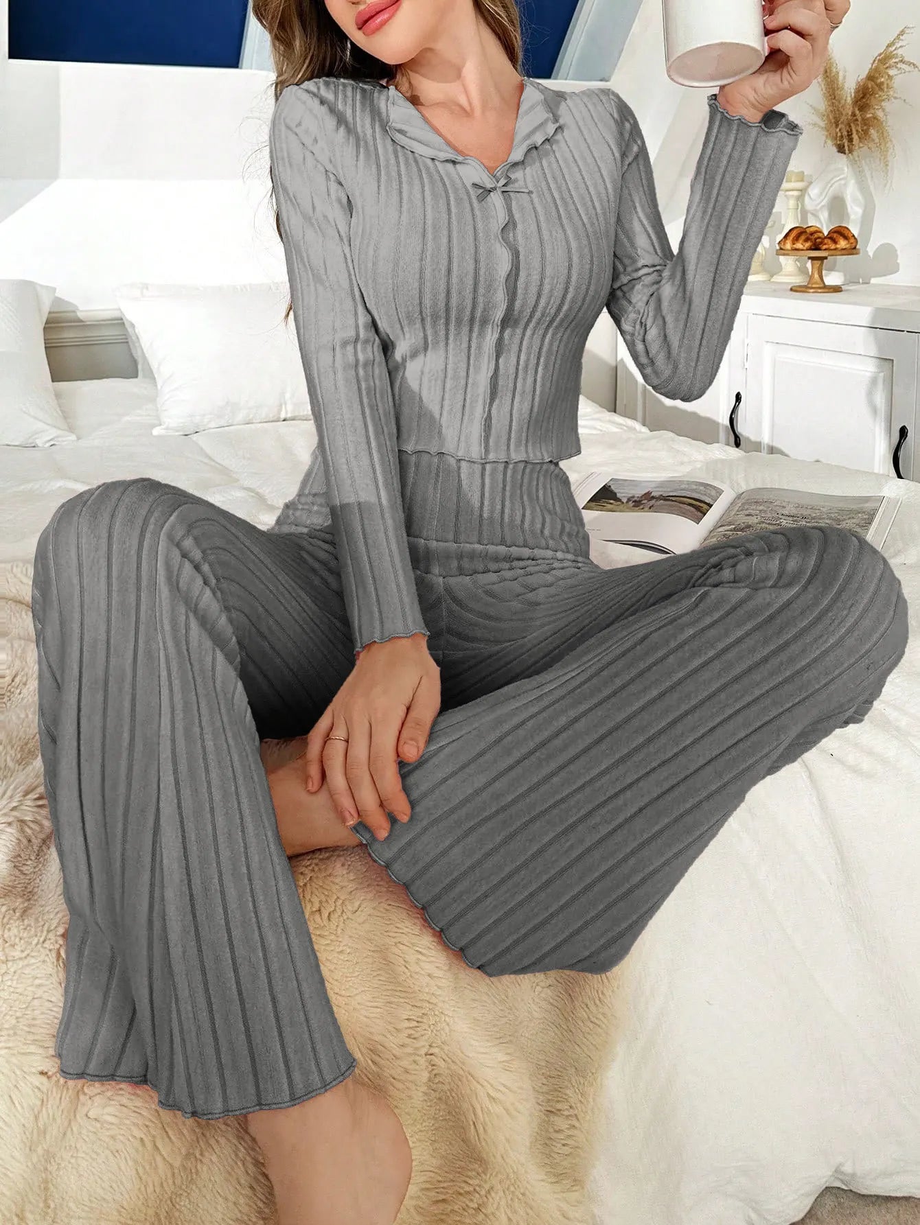 No. 8 Sleepwear Set, Long Sleeve, Ribbed, Lettuce Detailing, Matching Ribbed Flare Pant, Cozy