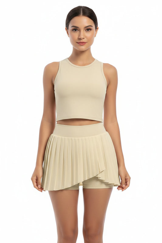 No. 8 Tennis Skirt, Double Layer, Asymmetrical, Pleated, Casual, High Waisted, Under Short