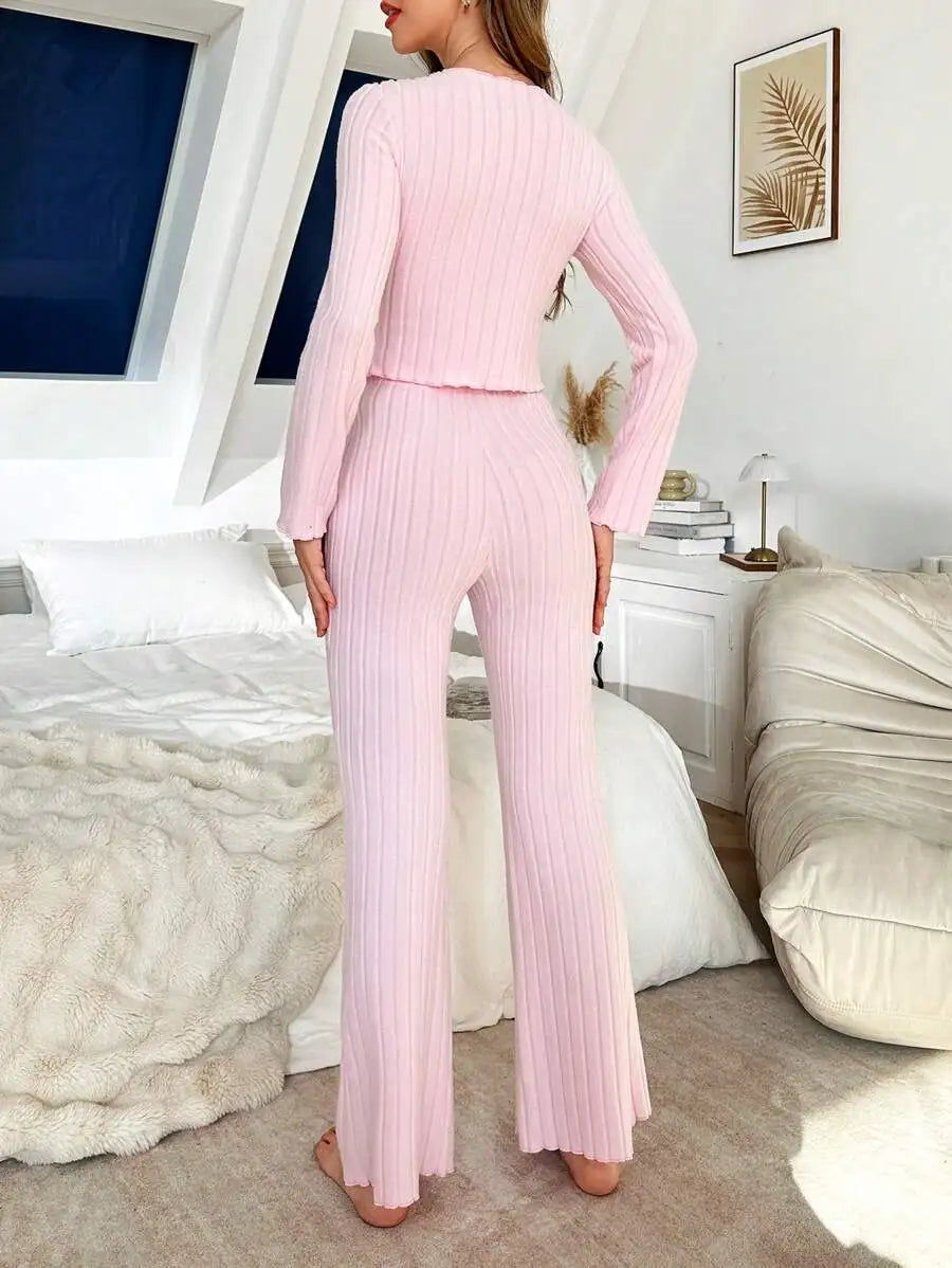 No. 8 Sleepwear Set, Long Sleeve, Ribbed, Lettuce Detailing, Matching Ribbed Flare Pant, Cozy