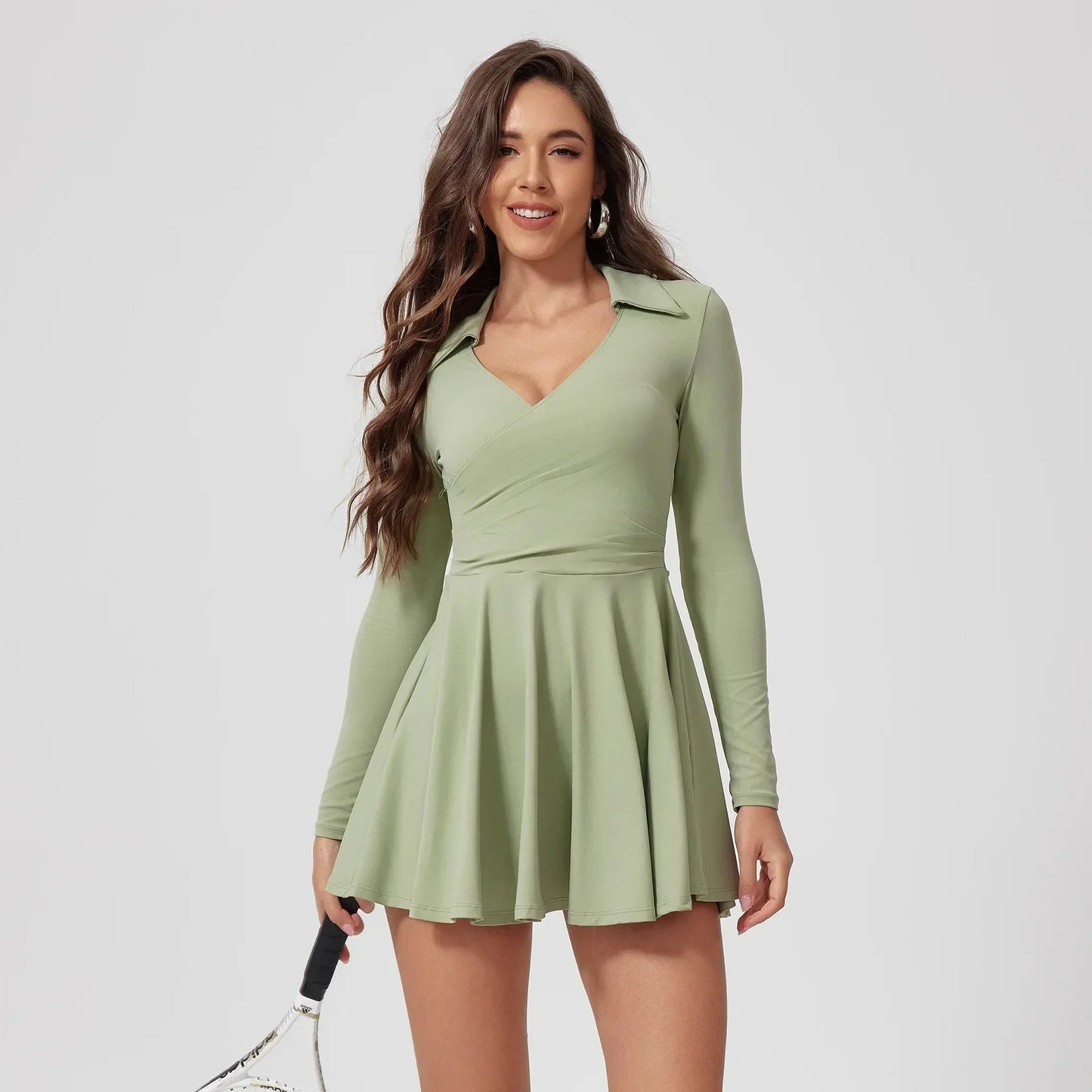 No. 5 Dress, Collared, V-Neck, Long Sleeve, Free Flowing Skirt With Shorts, Golf, Tennis