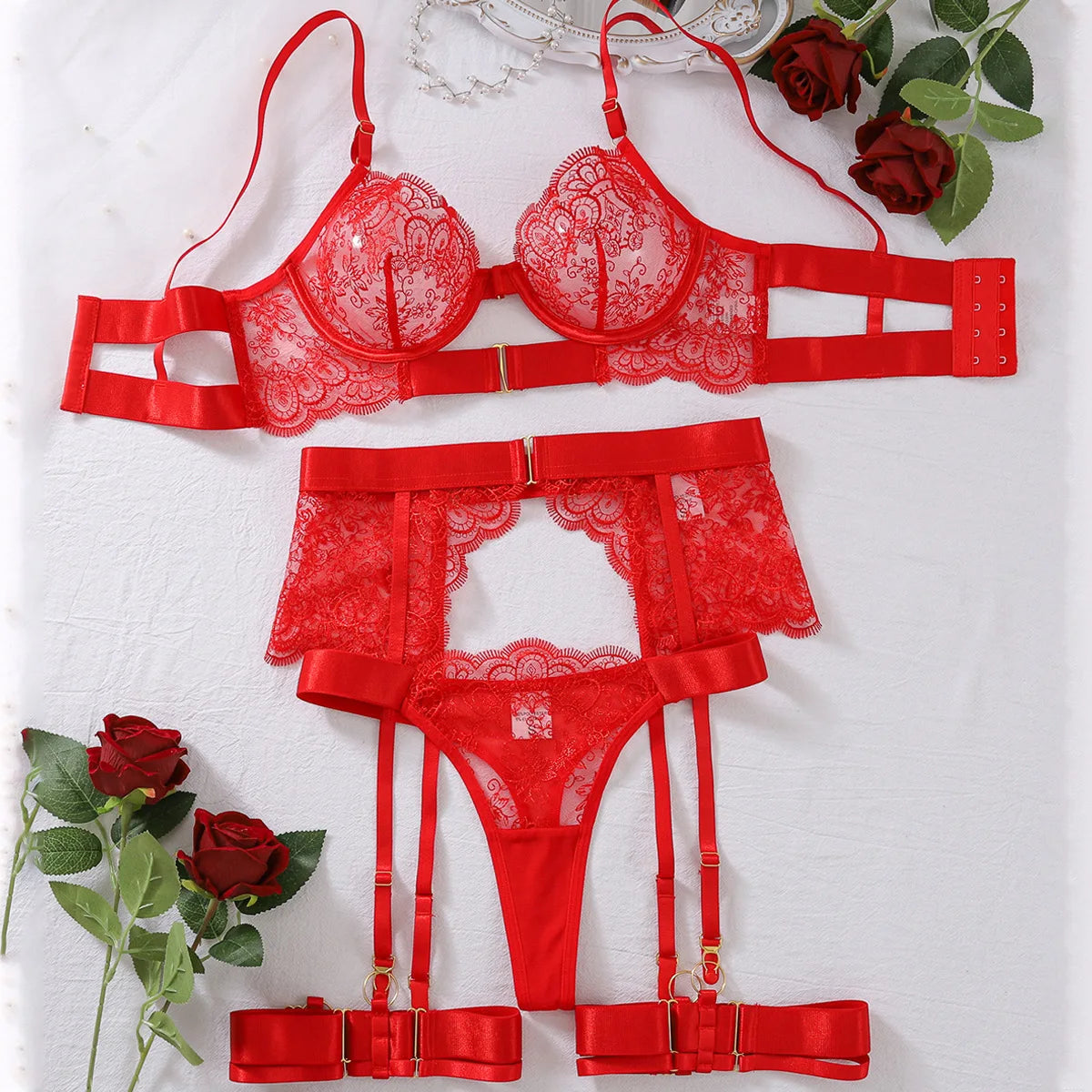 No. 1 Lingerie Set, 4 PC French Lace Scallop Bra, Thong, Garters With Belt