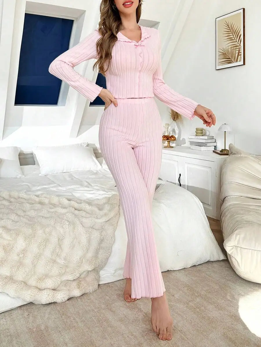 No. 8 Sleepwear Set, Long Sleeve, Ribbed, Lettuce Detailing, Matching Ribbed Flare Pant, Cozy