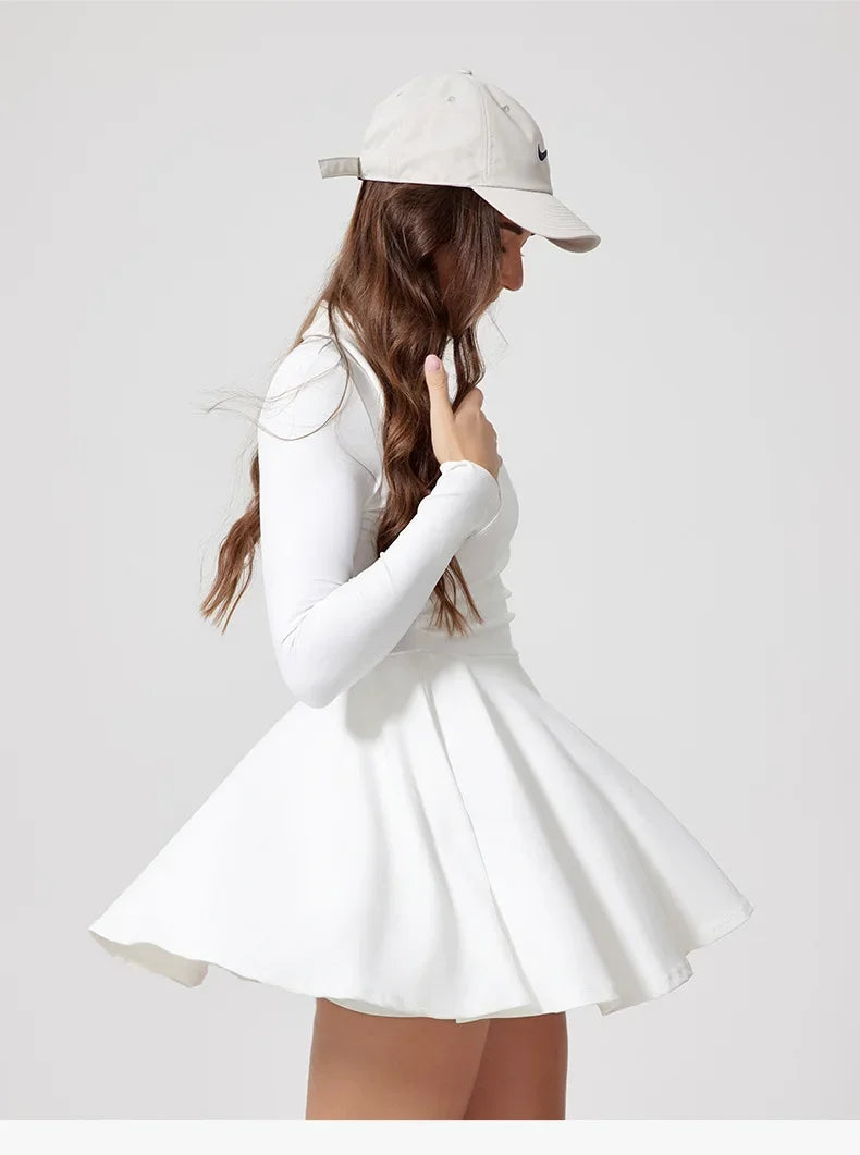 No. 5 Dress, Collared, V-Neck, Long Sleeve, Free Flowing Skirt With Shorts, Golf, Tennis
