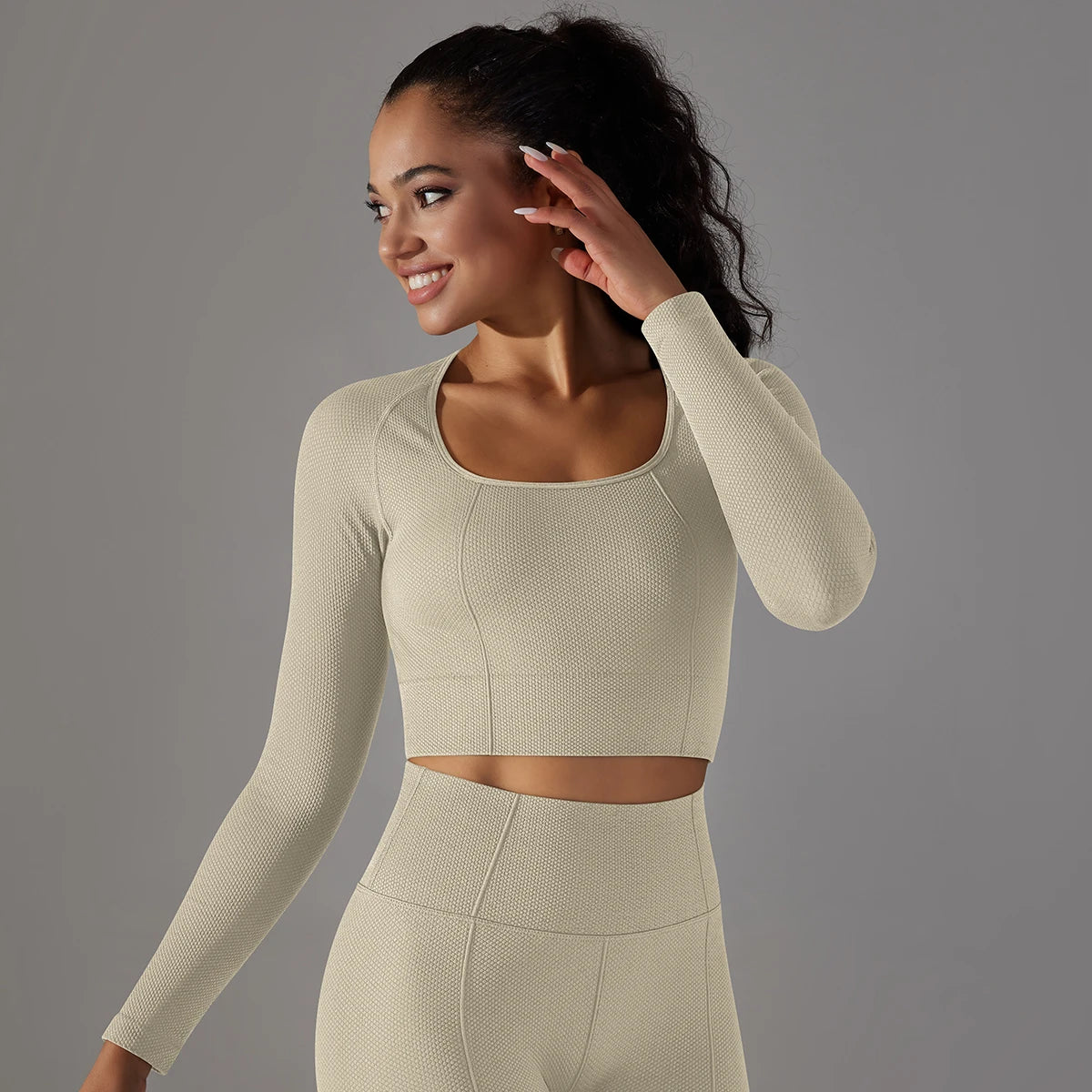 No. 2 Matching Set, Long Sleeve Scoop Neck Compressive Crop Top, With Training Legging