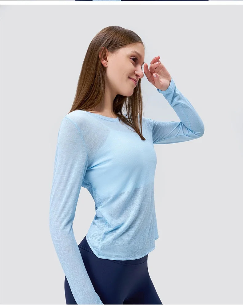 No. 4 Long Sleeve Shirt, Sheer, Light Weight, Cross Draping With Key Hole Back, Long-Sleeve