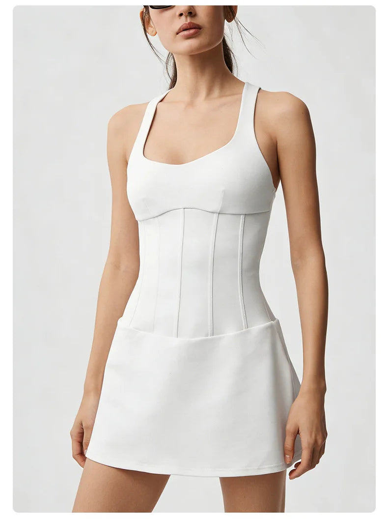 No. 8 Dress, Corset Waist Tennis Dress, Criss Cross Back, Under Shorts, Dry Fit