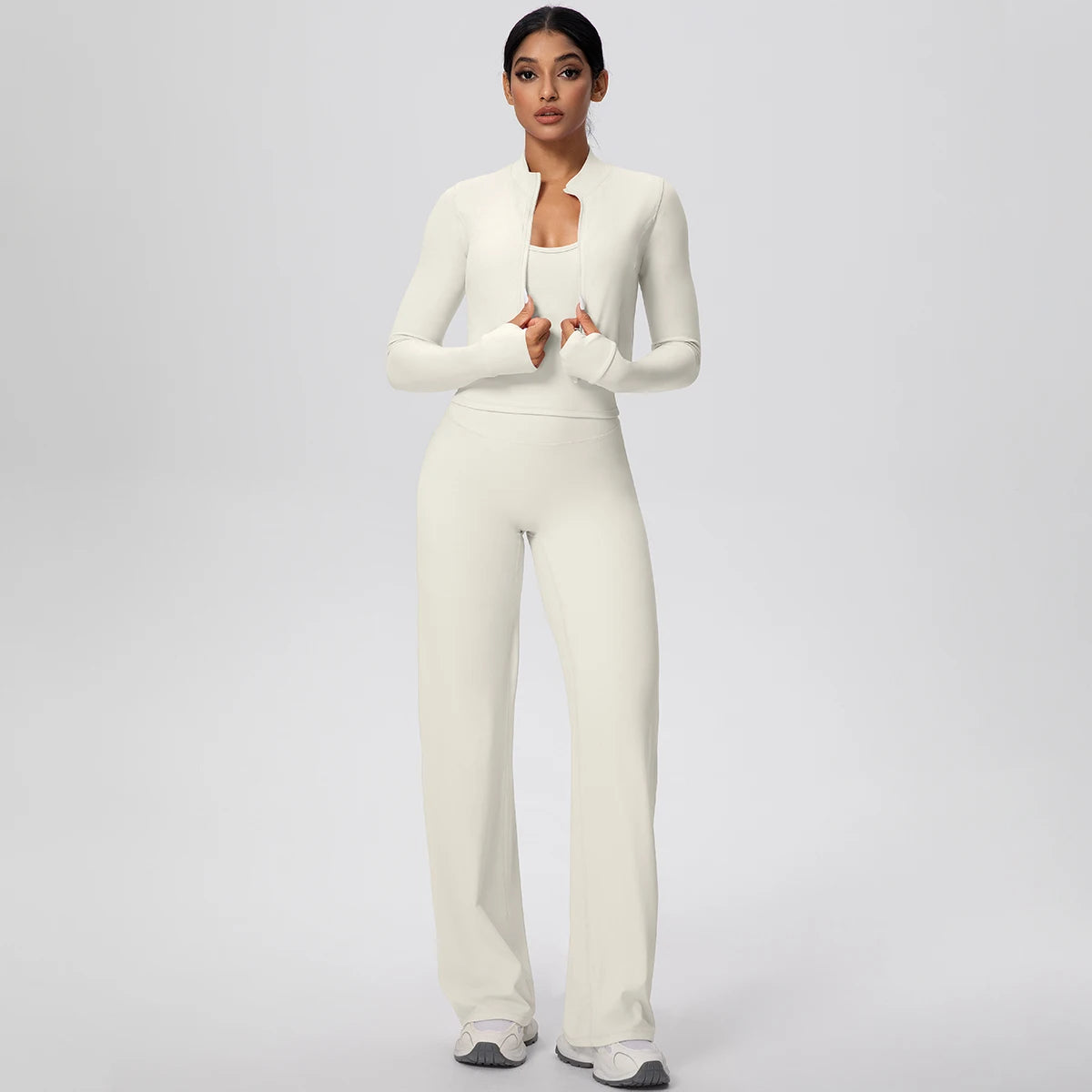 No. 1 Matching Set, 3 PC Full Zip Jacket, Halter Tank, and Wide Leg Pant