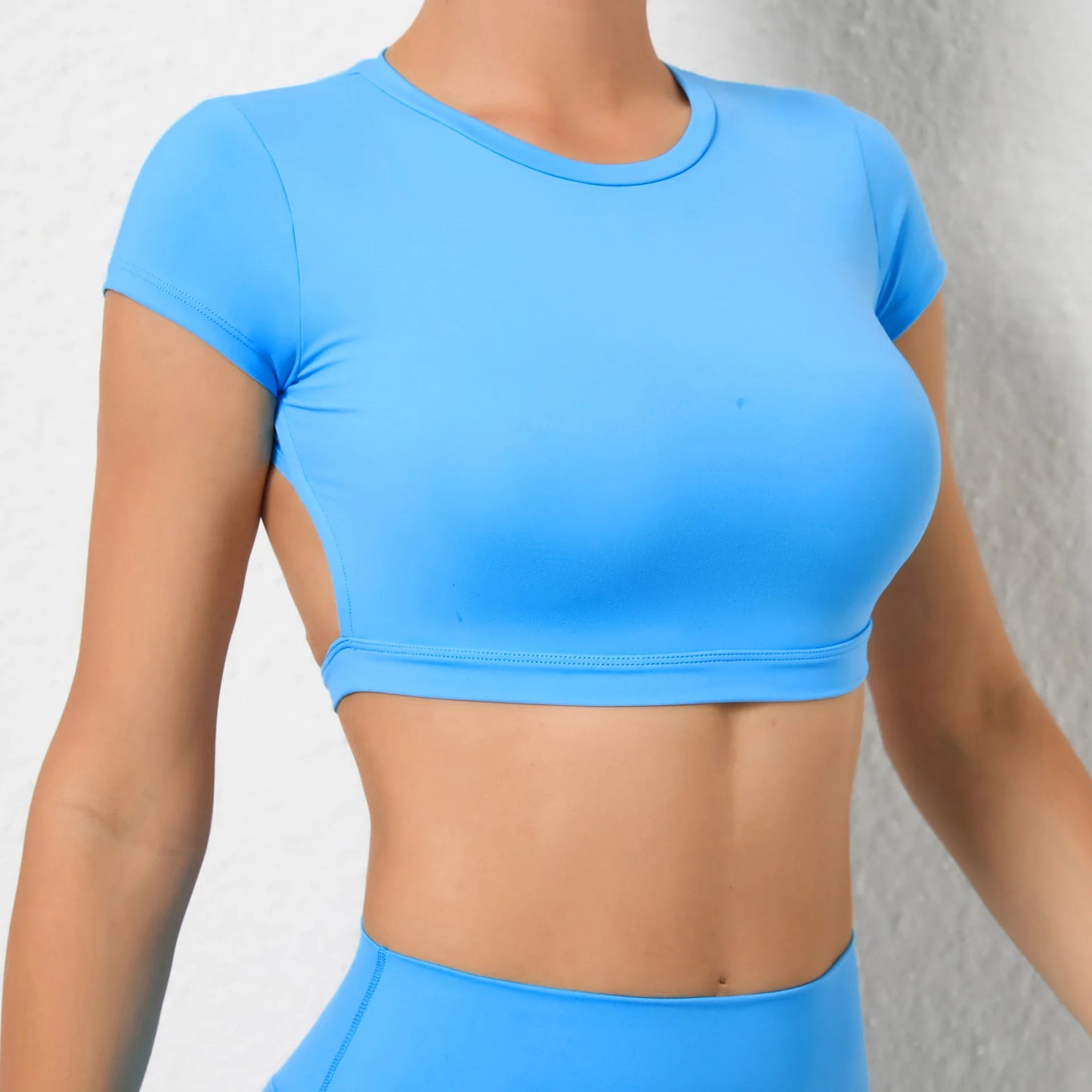 No. 5 Sports Bra, Backless Crop Top, Cupped Sleeves, Open Back, Faux Shirt
