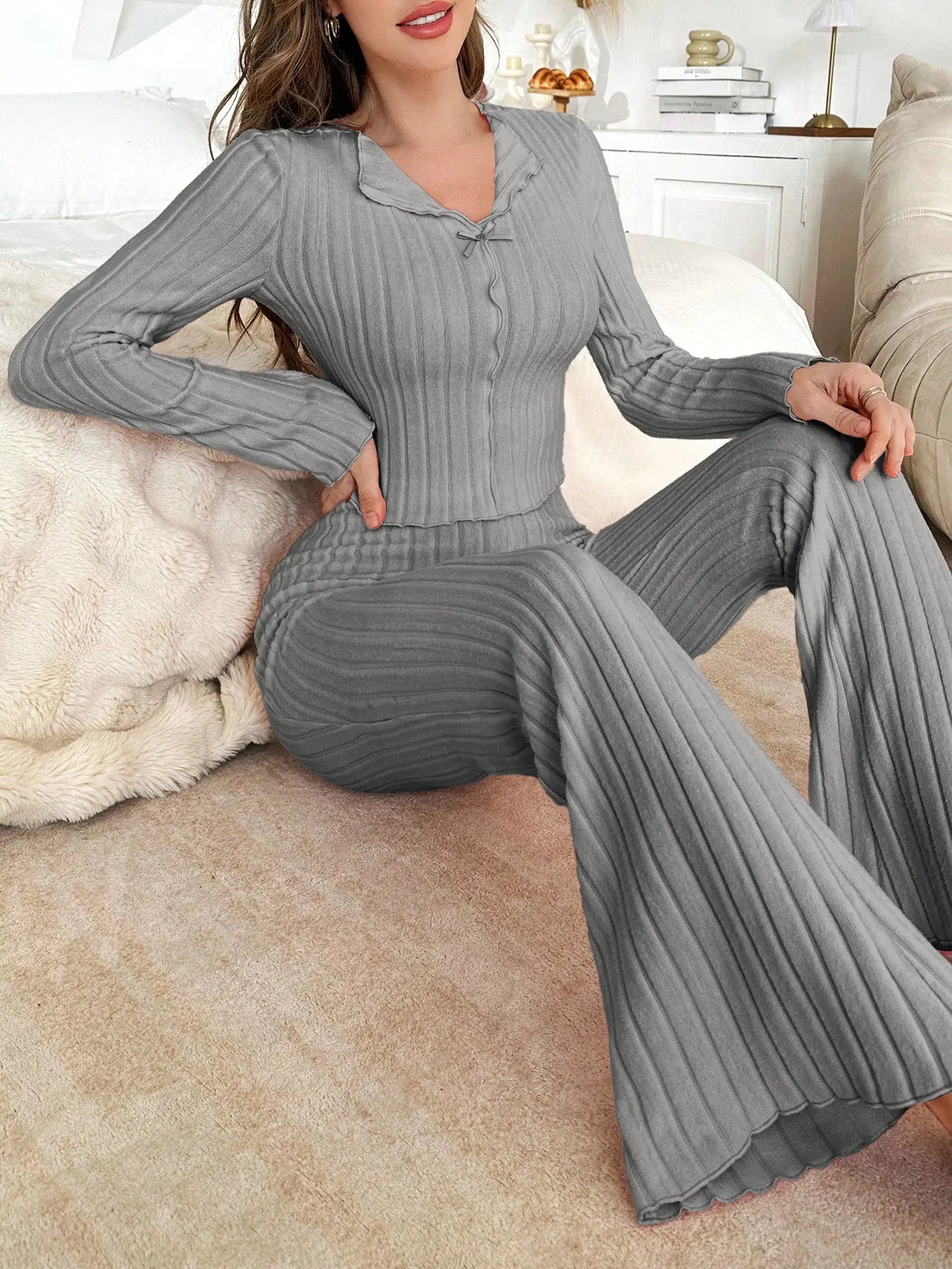 No. 8 Sleepwear Set, Long Sleeve, Ribbed, Lettuce Detailing, Matching Ribbed Flare Pant, Cozy