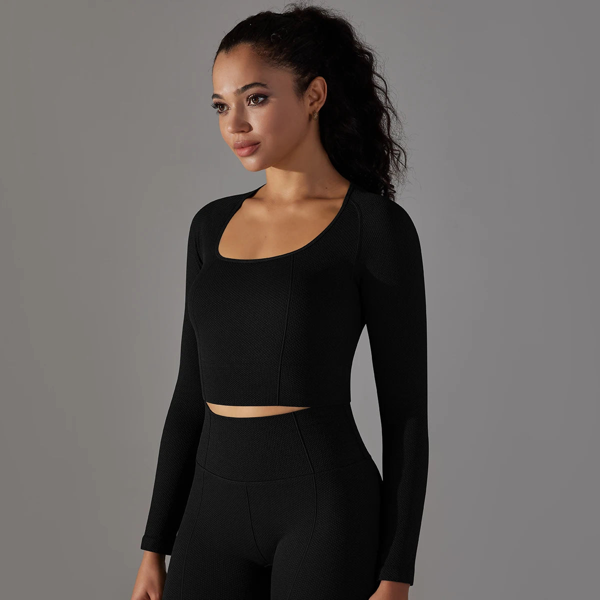 No. 2 Matching Set, Long Sleeve Scoop Neck Compressive Crop Top, With Training Legging