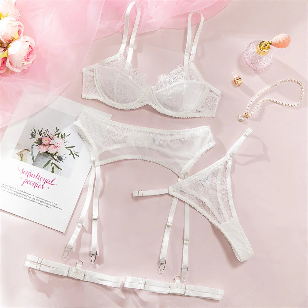 No. 8 Lingerie Set, 4 PC French Lace 3/4 Structured Cup Bra With Garter Belt, Garter, & Thong