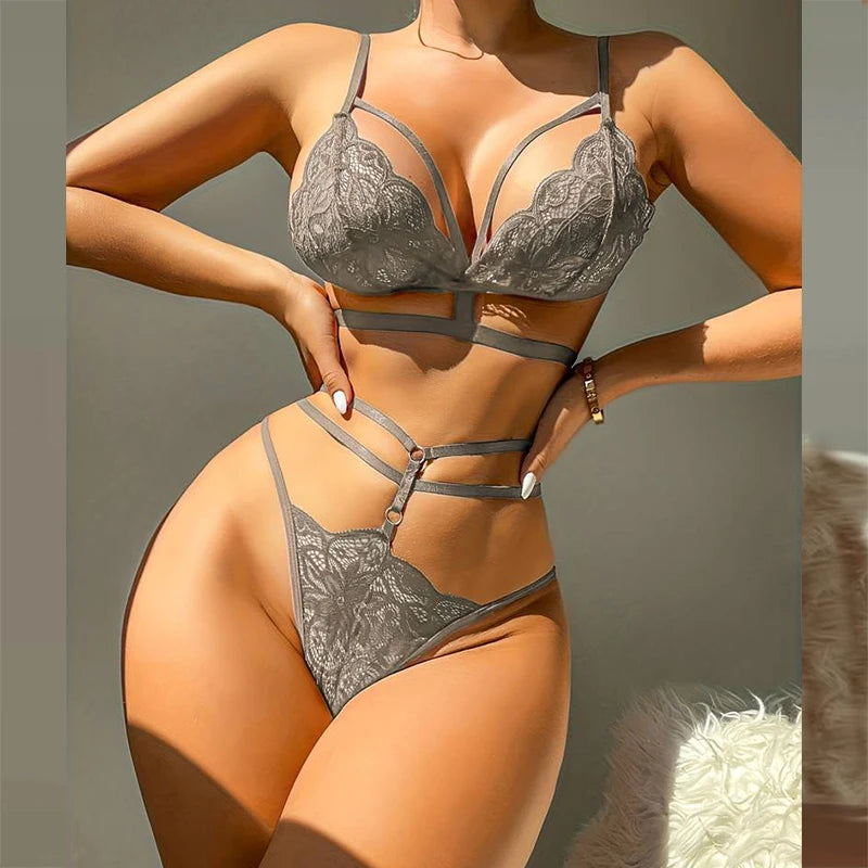 No. 4 Lingerie Set, 2 PC High Waisted Thong Panty With Hollowed Out Detailing, Caged Backless Bra