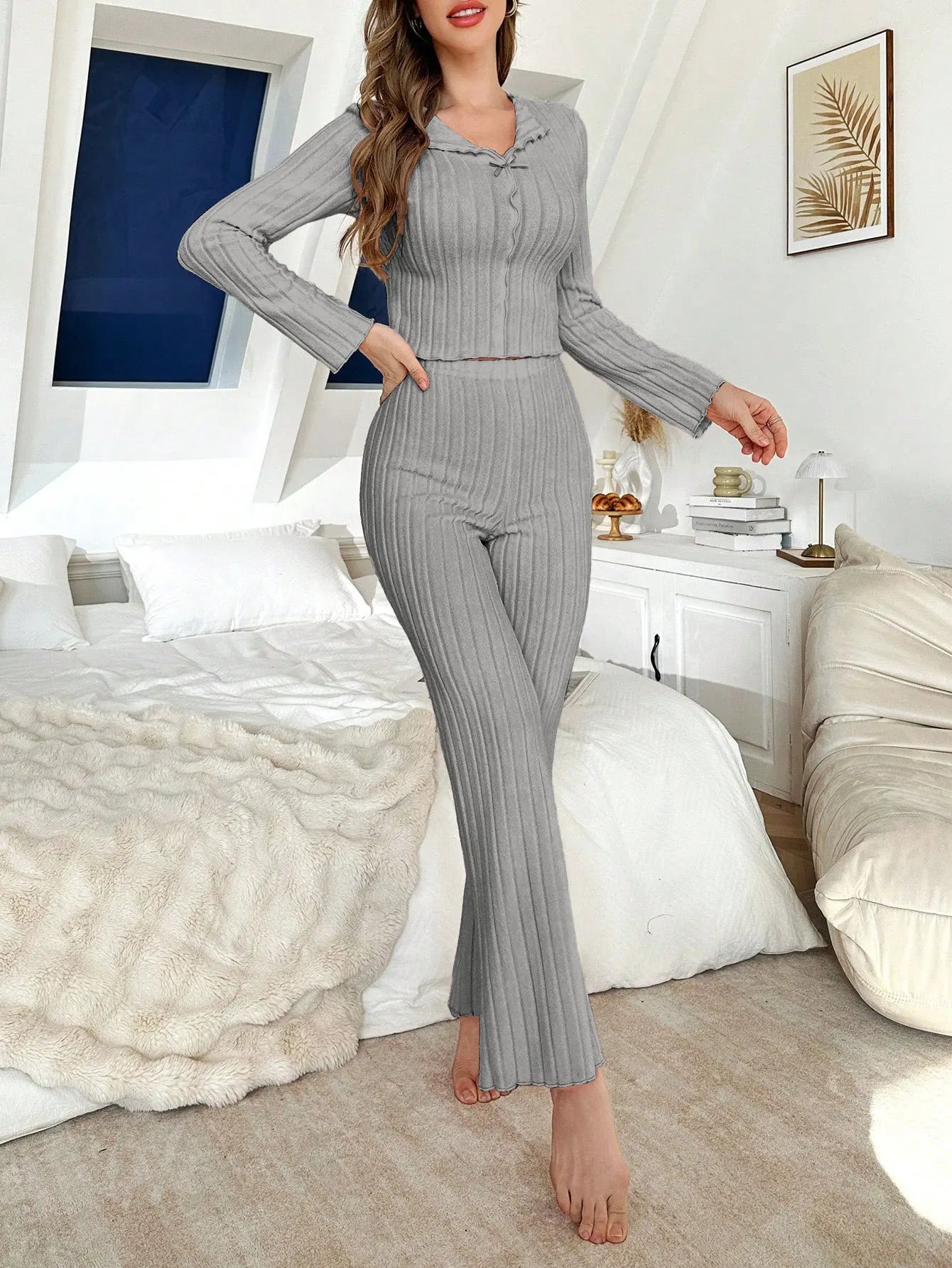 No. 8 Sleepwear Set, Long Sleeve, Ribbed, Lettuce Detailing, Matching Ribbed Flare Pant, Cozy