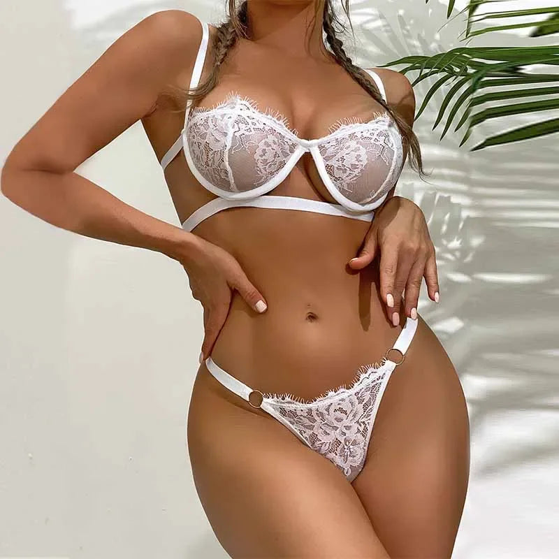 No. 8 Lingerie Bra, 2 PC, French Lace, Half Cup Corset Bra, and Ribbon Strap, Lace Thong