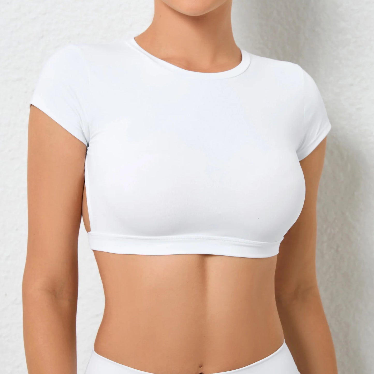 No. 5 Sports Bra, Backless Crop Top, Cupped Sleeves, Open Back, Faux Shirt